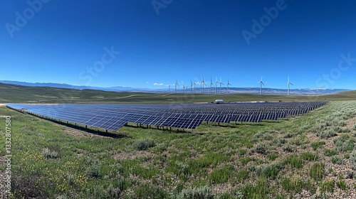 Large solar panel array next to wind turbines generating power