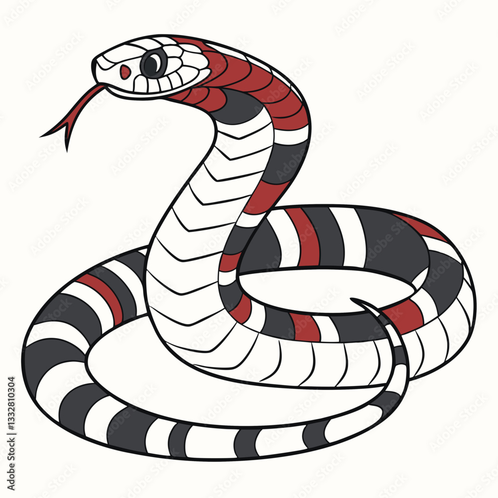 Naklejka premium Artistic representation of a sleek snake, its scales are meticulously detailed with a bold color palette of reds, blacks, and whites.