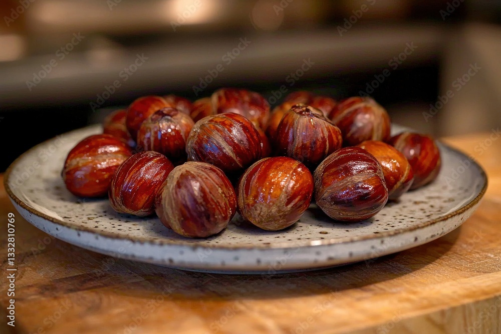 Obraz premium A rustic platter filled with roasted chestnuts, their glossy shells reflecting the warm kitchen light, placed on a wooden cutting board in a cozy setting.