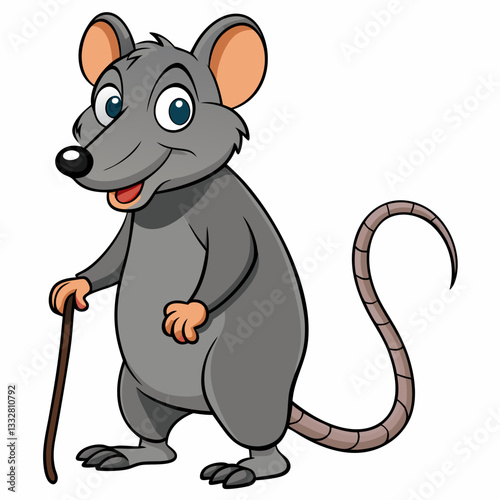 A Charming Cartoon Mouse: This friendly illustrated mouse stands with a walking stick, ready to charm viewers. His bright eyes, playful posture, and soft color palette create an engaging image.