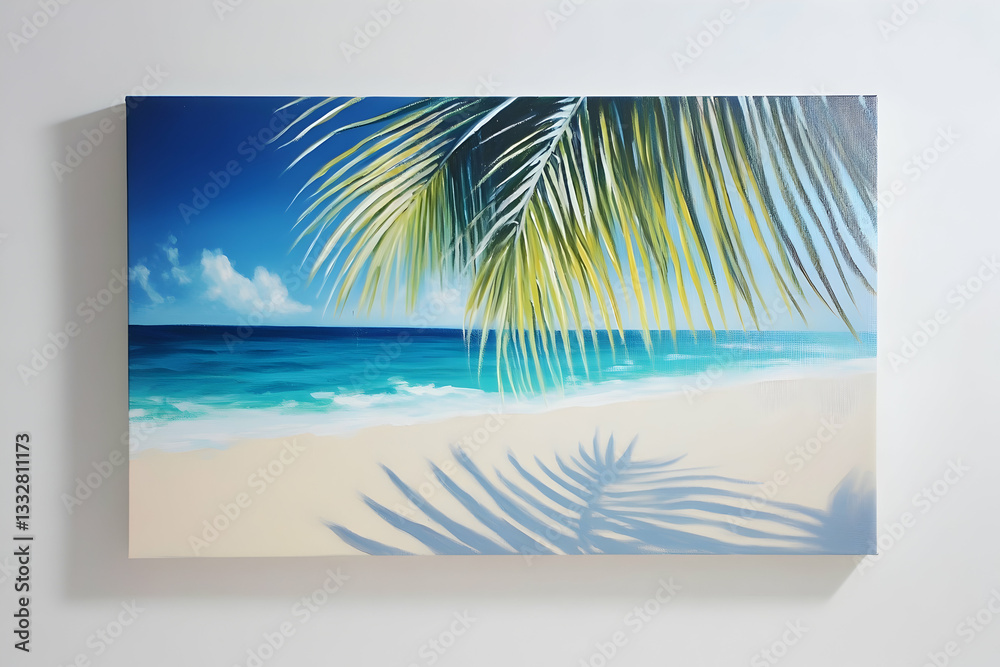 Obraz premium Sunset beach scene with palm fronds casting shadows on white sands, offering a serene tropical getaway