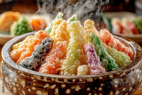 A vibrant bowl of assorted vegetable tempura, showcasing an array of colors and textures, served steaming hot with a delicate, crispy batter creating visual appeal.