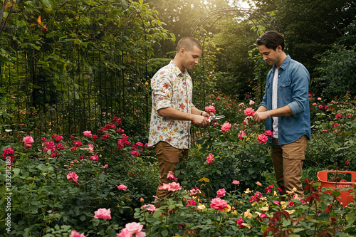 Zwei schwule Männer arbeiten gemeinsam zwischen wunderschönen Blumen in einem Garten