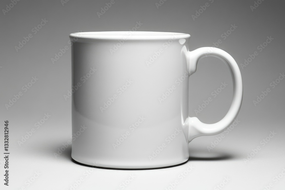 Fototapeta premium A plain white ceramic mug with a C-shaped handle, perfect for hot beverages.