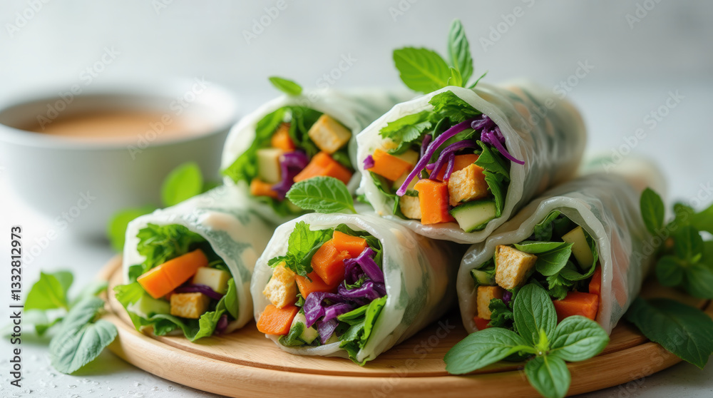 A beautifully arranged platter displays fresh spring rolls stuffed with vibrant vegetables like carrots, cucumbers, and purple cabbage. A small bowl of dipping sauce complements the dish