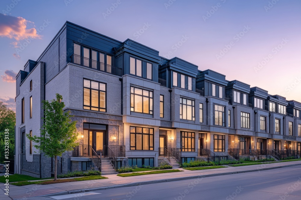 A row of modern townhouses with elegant architecture and green landscaping, premium real estate business, clean and professional composition, copy space, natural color, minimalism, stock photography A row of modern townhouses with elegant architecture and green landscaping, premium real estate business, clean and professional composition, copy space, natural color, minimalism, stock photography