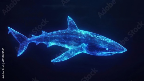 Futuristic shark swimming in the abyss with a blue neon glow highlighting its form