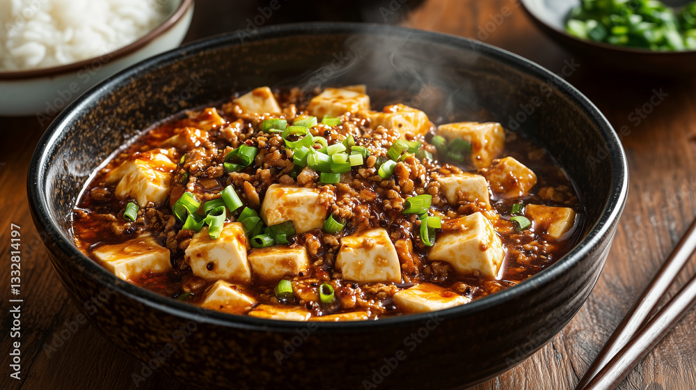 Steaming bowl of Mapo Tofu with minced meat and green onions Steaming bowl of Mapo Tofu with minced meat and green onions