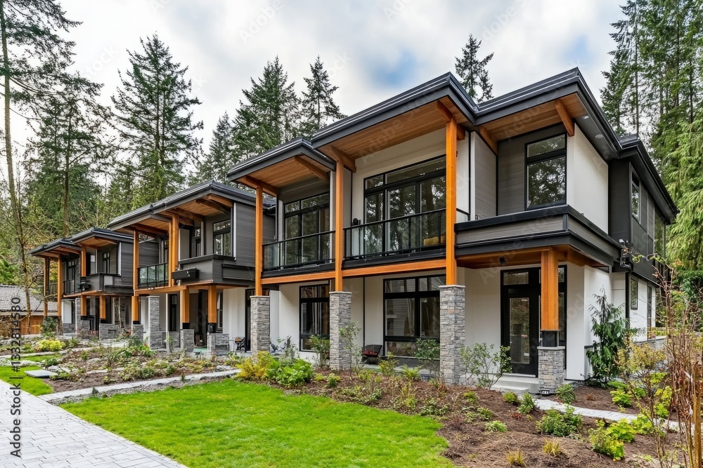 Fototapeta premium A row of modern townhouses with elegant architecture and green landscaping, premium real estate business, clean and professional composition, copy space, natural color, minimalism, stock photography