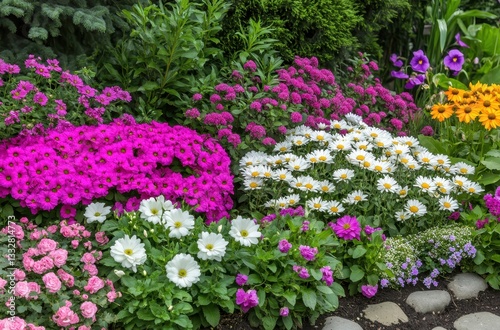 Wallpaper Mural Vibrant Flower Bed Displaying a Colorful Array of Blossoms in a Garden Landscape Featuring Pink, White, Yellow, and Purple Petals and Green Foliage Torontodigital.ca