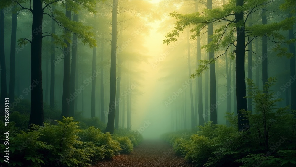 Fototapeta premium Sunlit Path in Misty Woods