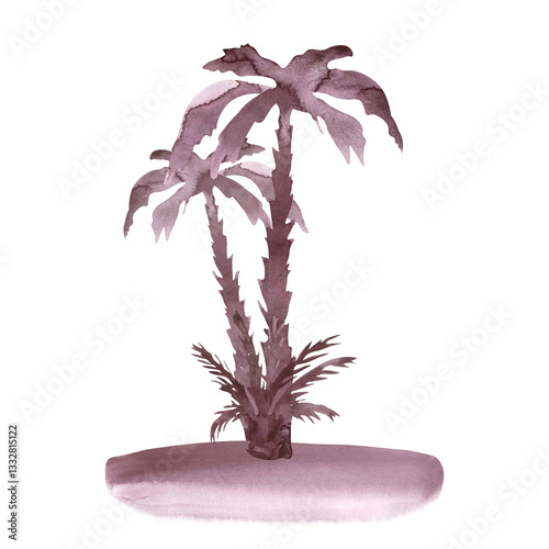 Watercolor monochrome palm tree. Watercolor illustration of palm trees. Silhouette of tropical plant. Isolate for summer tropical designs on white background