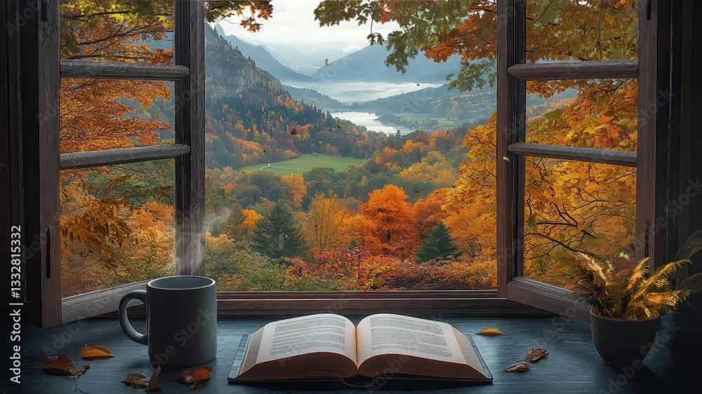 A book and coffee mug on the table in front of an open window overlooking, an autumn scene outside the windows, seamless looping animation background