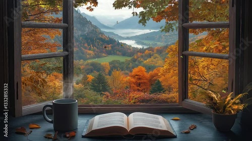 A book and coffee mug on the table in front of an open window overlooking, an autumn scene outside the windows, seamless looping animation background