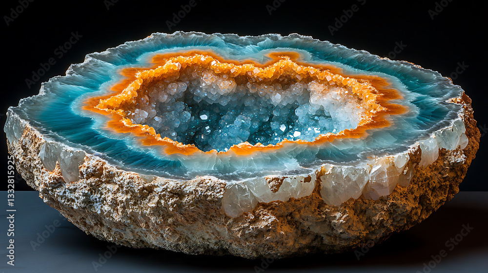 Obraz premium Stunning geode crosssection reveals vibrant teal, orange, and white crystal formations.