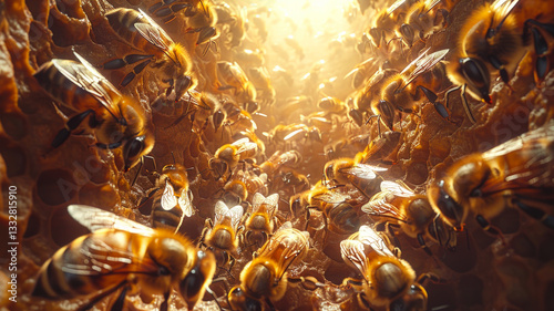 Close-Up of Swarming Honeybees Inside a Glowing Beehive  

