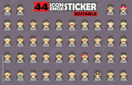 Diverse array of cute girl avatar emoji sticker icons portraying various emotions