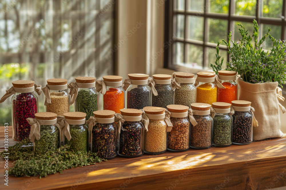 Rustic Wooden Shelf with Jars of Spices and Herbs