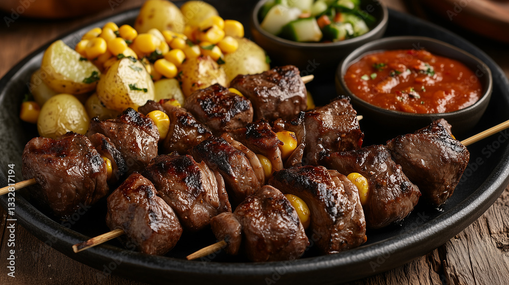 Anticuchos skewers served with potatoes and salsa on a wooden background Anticuchos skewers served with potatoes and salsa on a wooden background