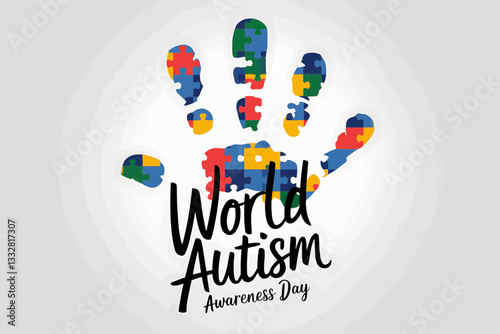Vector Illustration of World Autism Awareness Day with a Puzzle Handprint Symbolizing Support and Awareness