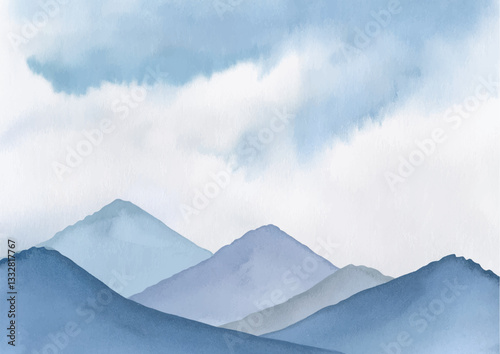 Mountain background with watercolor texture. Mountains and clouds, waves. Stains, fog, dry forms. Watercolor vector paintings.