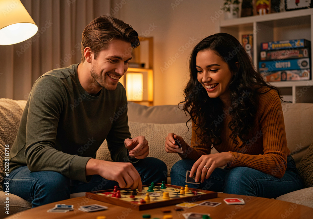 Fototapeta premium An evening of entertainment: a young couple smiles while playing a board puzzle game in the cozy comfort of their living room.
