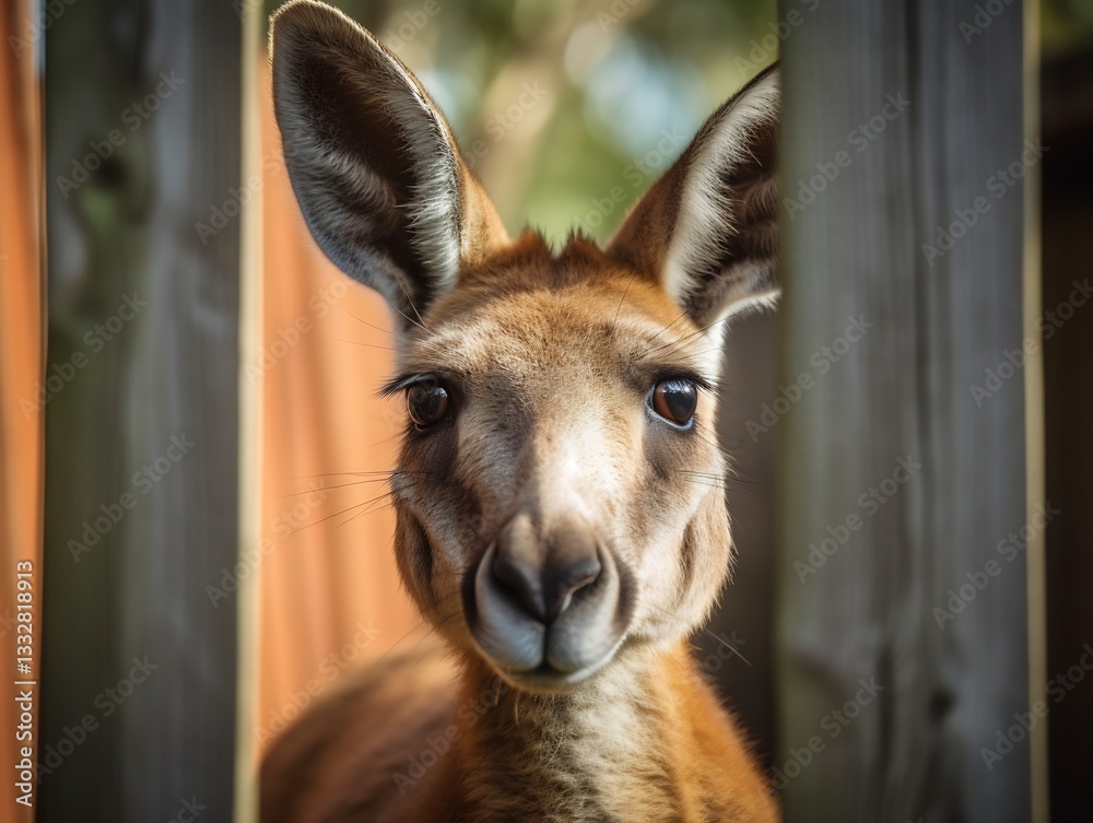 Obraz premium Red kangaroo seen through backyard fence large ear poking up curiously observes human other side natural light highlight kangaroo curious expression framed wooden slat of fence bridging gap between