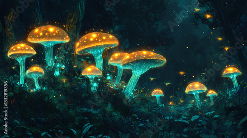 Fototapeta Naklejka Na Ścianę i Meble -  A jungle night scene featuring glowing bioluminescent fungi and fireflies illuminating the darkness. Bioluminescent Fungi. Illustration
