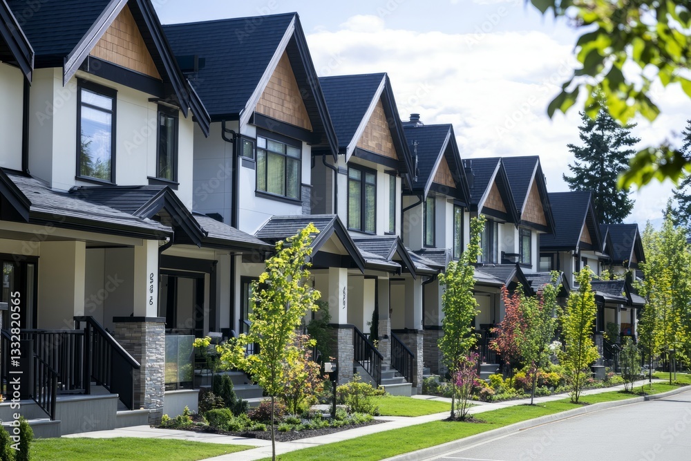 A row of modern townhouses with elegant architecture and green landscaping, premium real estate business, clean and professional composition, copy space, natural color, minimalism, stock photography