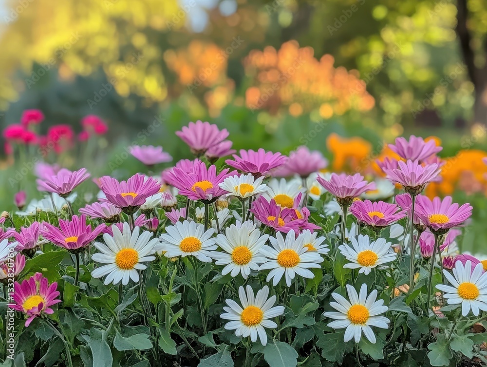 Fototapeta premium Vibrant Flower Garden Displaying Colorful Daisies and Pink Blooms in Fresh Greenery Under Soft Sunlight Amidst a Lush Natural Background