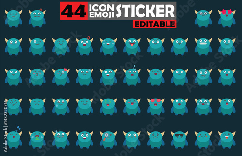 Set of 44 Playful Cartoon Monster Emoji Stickers for Digital Communication