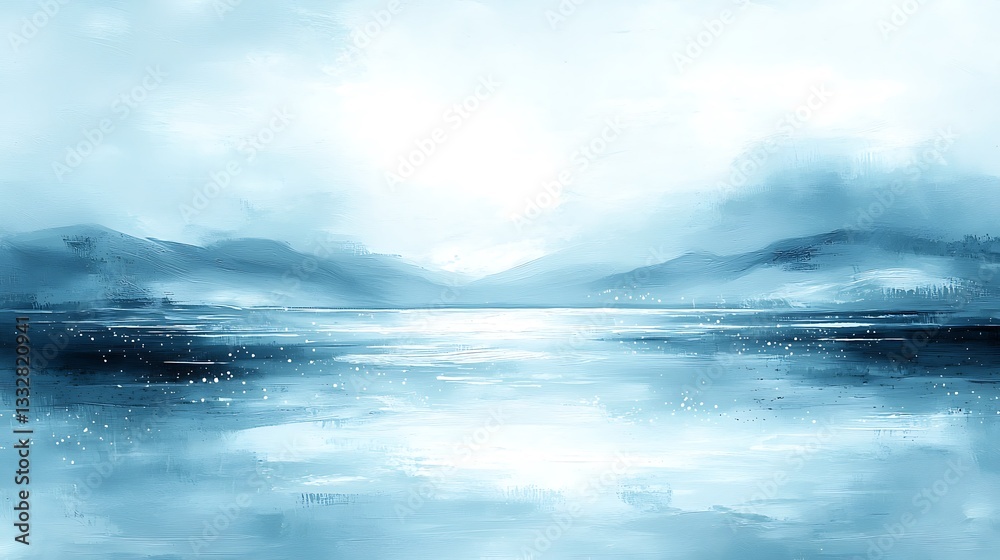 Fototapeta premium Serene painting featuring a mountainscape with a reflective body of water