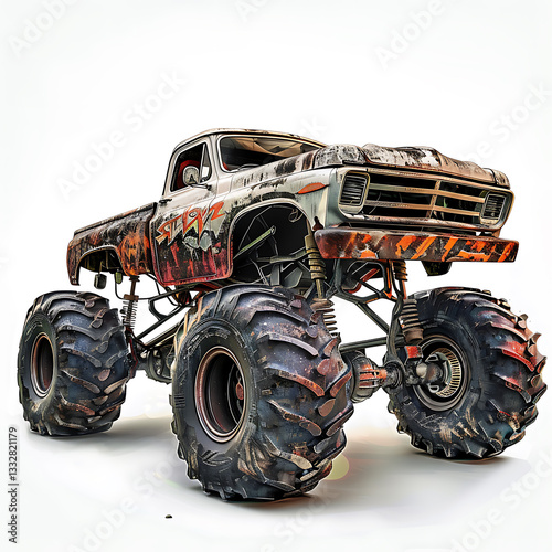 Rusty monster truck showcasing vintage design on oversized tires with rugged appeal during daytime photo