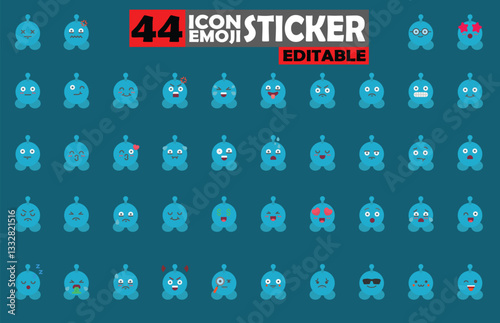 Collection of Blue Alien Emoji Icons Featuring Various Emotional Expressions and Reactions