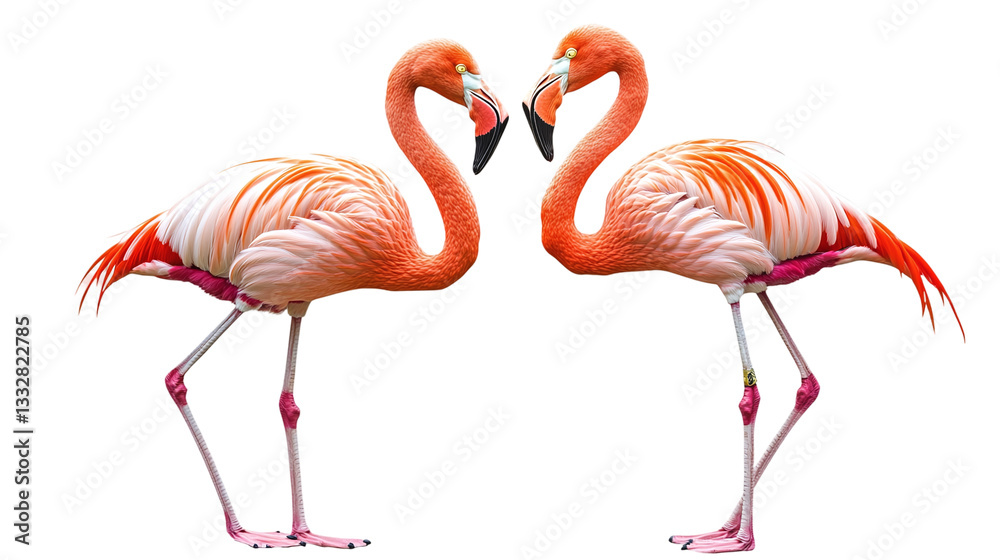 Fototapeta premium Gracefully standing two elegant pink flamingos, cut out. Isolated on a transparent background.
