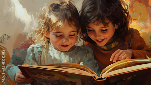 A close-up of two children sharing a book, pointing at the pictures, and giggling together