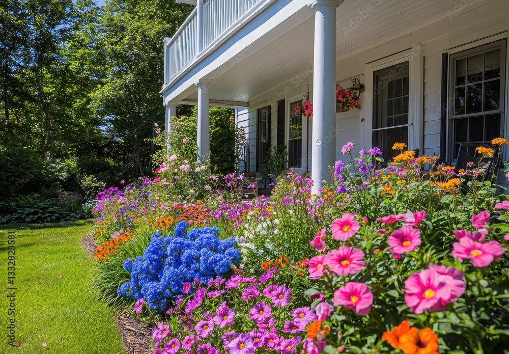 Vibrant Flower Garden with Colorful Blooms in Front of Charming House Surrounded by Lush Green Grass and Abundant Nature in Daylight Vibrant Flower Garden with Colorful Blooms in Front of Charming House Surrounded by Lush Green Grass and Abundant Nature in Daylight