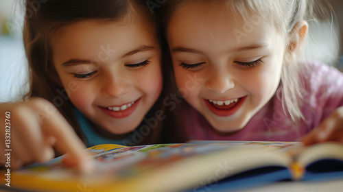 A close-up of two children sharing a book, pointing at the pictures, and giggling together
