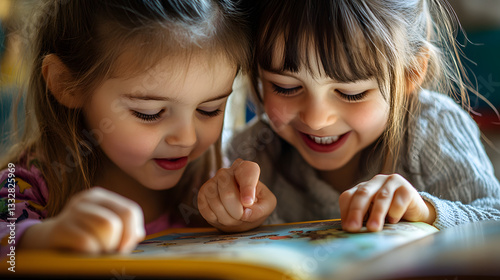A close-up of two children sharing a book, pointing at the pictures, and giggling together