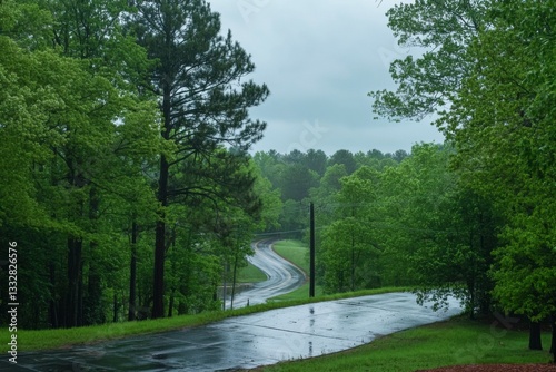 heavy rain in the park, with trees and roads covered in water droplets during the spring rainy season
