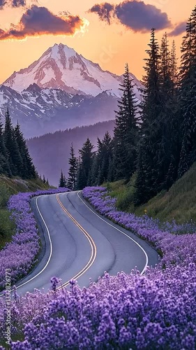 Scenic winding road through vibrant lavender fields with mountains