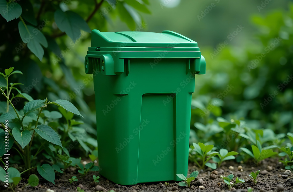 The ecological concept of a green plastic container for recycling garbage against the background of nature. The ecological concept of a green plastic container for recycling garbage against the background of nature.
