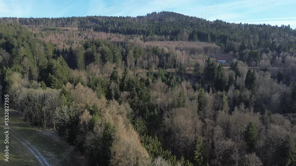 Drone winter view captured in flight near a former monastery at Kostenz, Perasdorf, Straubing-Bogen, Bavarian forest, Bavaria, Germany Drone winter view captured in flight near a former monastery at Kostenz, Perasdorf, Straubing-Bogen, Bavarian forest, Bavaria, Germany