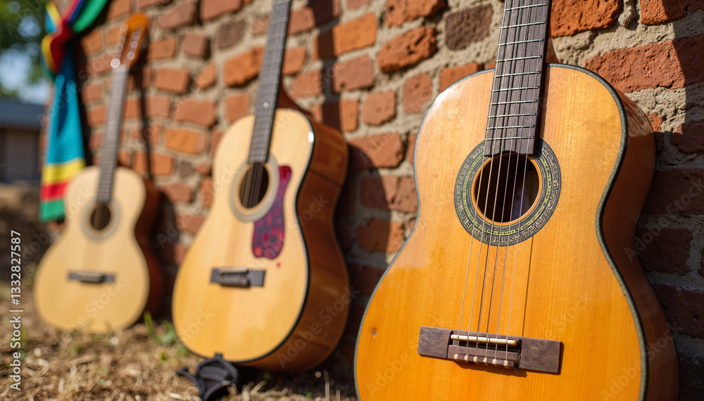 Obraz premium Vintage Mexican guitars resting against a rustic wall during a Cinco de Mayo gathering, close-up view