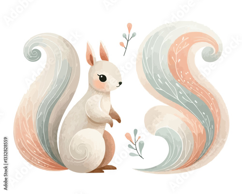 Fantasy Squirrel with Pastel Rainbow Tail on Transparent Background - Magical Animal Vector Illustration for Children's Books