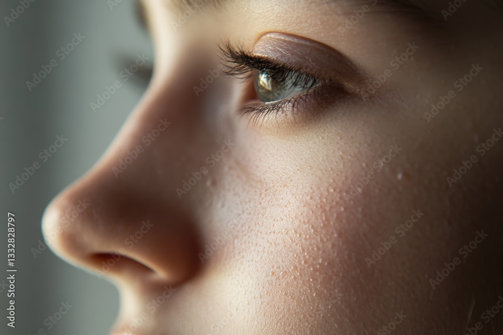 Fototapeta premium Close-up of a young woman's eye and nose, highlighting her skin texture and eyelashes.