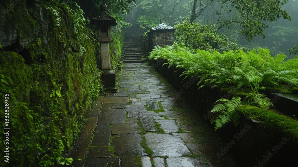 Fototapeta premium Rainy Day at Lush Green Stone Pathway with Ancient Lanterns