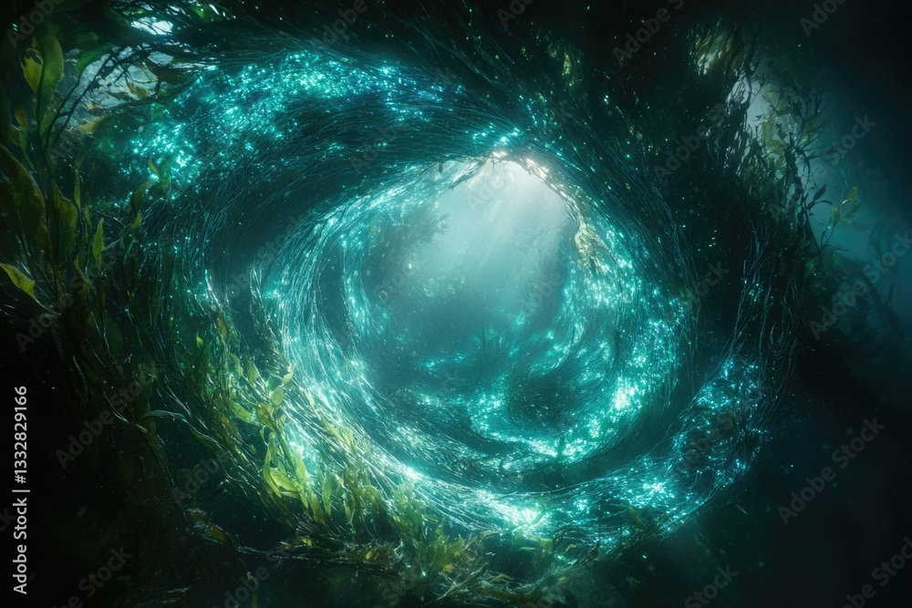 An underwater vortex of bioluminescent kelp forest creating a mesmerizing swirling effect.