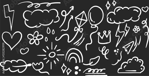 School doodle illustration set. Back to school elements and icons. Children education hand drawn drawings Black Board Chalk