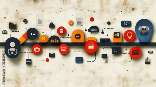 A colorful diagram showing customer journey mapping with bright highlights and icons.